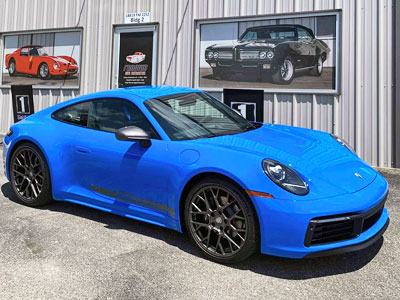 blue ceramic coating on a Porsche